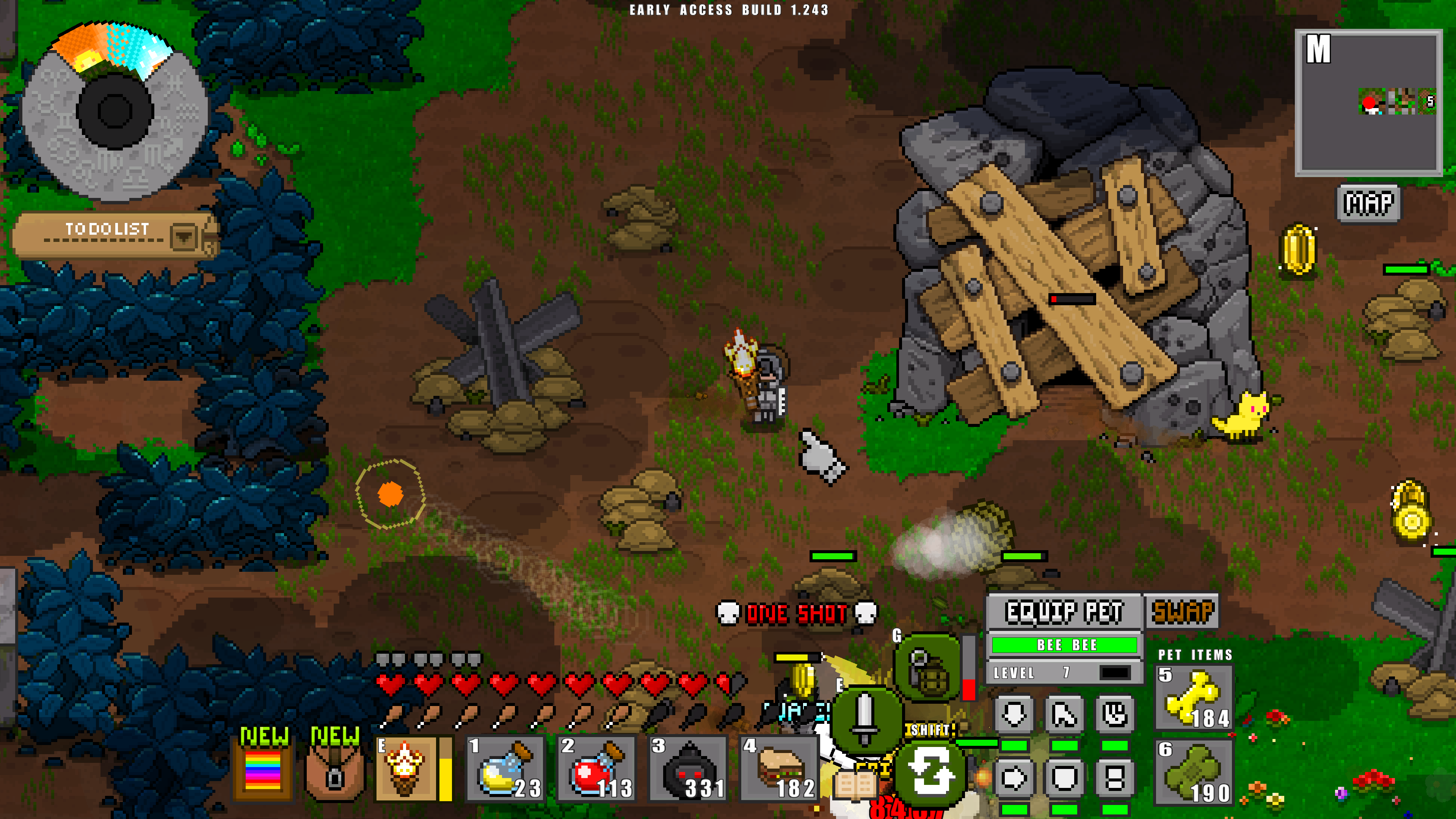 Adventure Craft player exploring a settlement with a dog companion