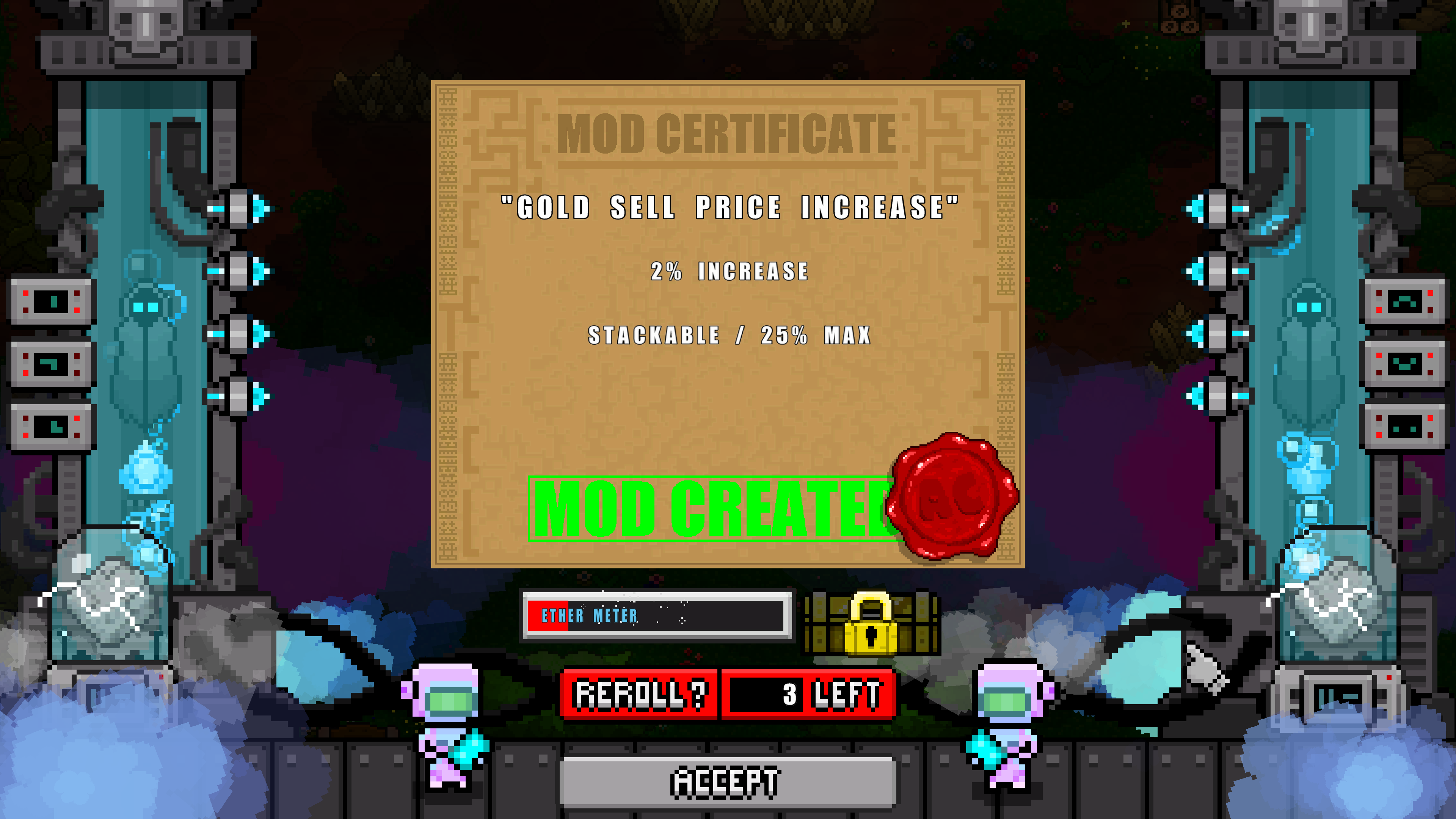 Adventure Craft rolling screen showing a Gold Sell Price Increase mod: 2% increase, stackable to a 25% maximum, with 3 Rolls left and Reroll and Accept buttons.